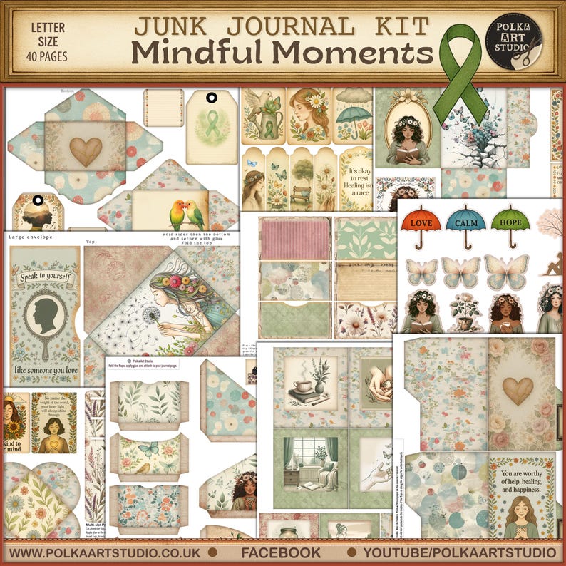 May include: A junk journal kit titled "Mindful Moments" with a variety of decorative elements. Includes envelopes, tags, and patterned papers with floral, butterfly, and inspirational imagery. The kit is letter size and contains 40 pages.