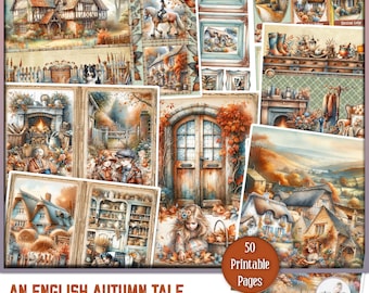 May include: A digital collage kit featuring 50 printable pages with images of charming English cottages, autumn foliage, and a girl gathering leaves. The kit is titled "An English Autumn Tale Junk Journal Kit" and is US Letter size.