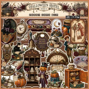 Puede incluir: Un kit de recortes Halloween Hotel Room 13 con efímeros de papel de estilo vintage. Los elementos incluyen un gato negro, una figura con cabeza de calabaza, relojes ornamentados, un armario de hotel, un letrero y varios motivos espeluznantes.
