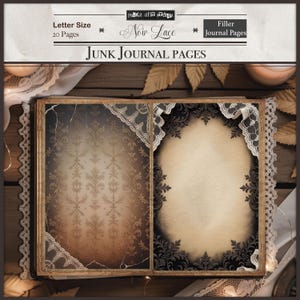 May include: Open junk journal pages with a vintage aesthetic. The pages feature a distressed, aged look with ornate lace and floral patterns. The text "Junk Journal Pages" is visible.