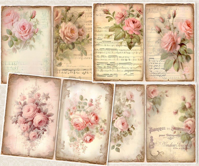 Journal indésirable, vintage, pages de journal shabby Chic roses roses et éphémères, étiquettes, fleurs, téléchargement numérique imprimable, pages florales de scrapbooking image 5