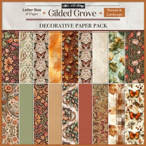 Può includere: Un pacchetto di carta decorativa intitolato "Gilded Grove" con vari disegni a motivi. I disegni includono farfalle, foglie e motivi floreali nei toni dell'arancione, marrone, verde e crema. Il pacchetto contiene 18 pagine.