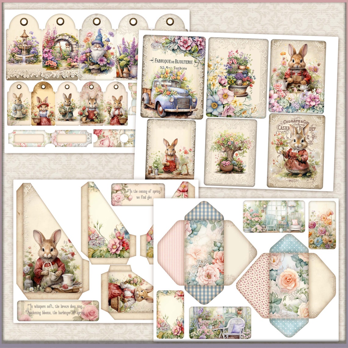 Spring Garden Bunnies Junk Journal Kit: Shabby Chic Ephemera (digital ...