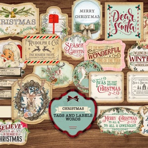 Junk-Journal, Weihnachten Wörter, Etiketten und Tags, Vintage Weihnachten, Verzierung, Ephemera, Ticket druckbare digitaler Download