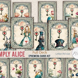 Junk Journal Alice In Wonderland Printable Collage Sheet, Full Deck of Playing Cards, Junk Journal Ephemera, Digital Download, Scrapbook