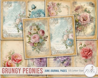 Junk Journal Digital Kit Vintage Grungy Peonies Journal Pages Printable Shabby Chic Collage Papers, Spring Journal, Scrapbook,Digi Kit