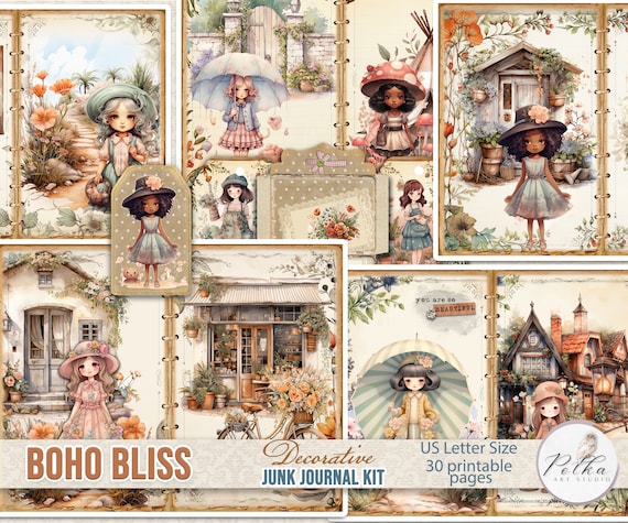 Digital Junk Journal Kit Cute Boho Girls, Cottage Country