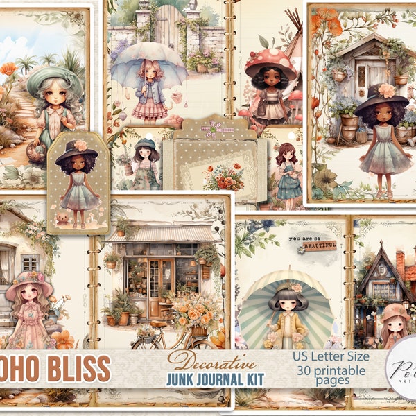 Kit de diario basura digital Cute Boho Girls, Cottage Country Girls, Diario, Collage, Papeles de descarga imprimibles, Kit de dígitos, Shabby Boho