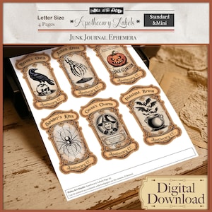 May include: Printed sheet of apothecary labels with vintage designs. Labels include illustrations of a raven, spider, jack-o'-lantern, witch, and more. Text includes "Raven's Oath," "Spider's Kiss," and "Midnight Brew." The sheet is labeled "Junk Journal Ephemera."