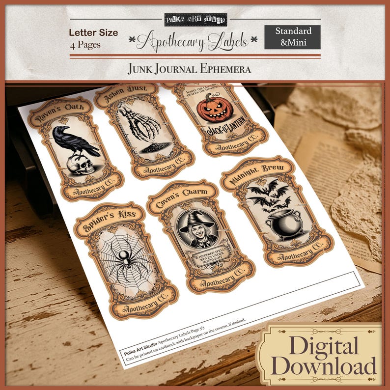 May include: Printed sheet of apothecary labels with vintage designs. Labels include illustrations of a raven, spider, jack-o'-lantern, witch, and more. Text includes "Raven's Oath," "Spider's Kiss," and "Midnight Brew." The sheet is labeled "Junk Journal Ephemera."