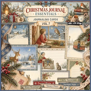 Puede incluir: Una colección de tarjetas de diario Christmas Journal Essentials Vol. 7 con ilustraciones de estilo vintage de paisajes nevados, un niño en una ventana, un tranvía rojo, un ciervo y un gato. El set incluye etiquetas decorativas con texto.