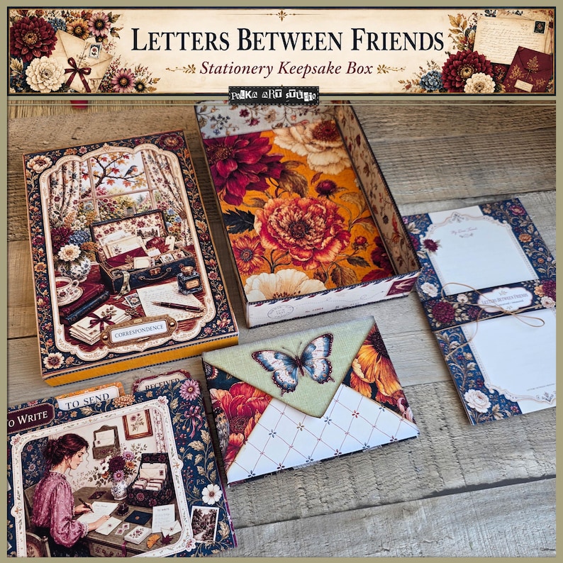 May include: A stationery keepsake box set titled Letters Between Friends, featuring a rectangular box with a floral interior, a matching lid with a desk illustration, a butterfly-adorned envelope, a folder set, and a notepad with floral borders.