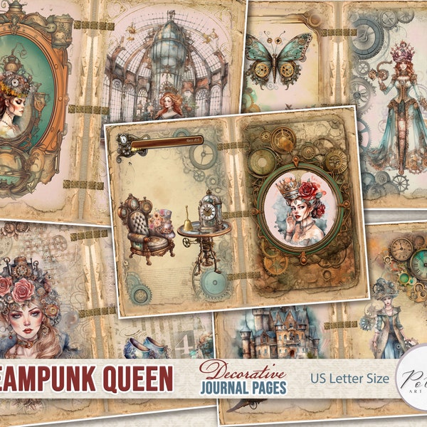 Junk Journal Steampunk Queen, Industrial Victorian Journaling Digi Kit, Printable Steampunk Craft Kit, Digital Download,, Journal Kit