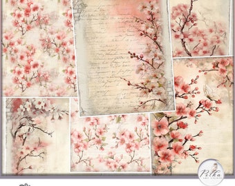 Junk Journal Blank Scrapbooking Portrait Cherry Tree Decorative Paper Pack Neutral Vintage Watercolor Pastel Pink papers  Instant download