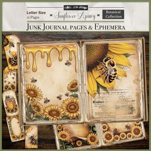 Op de afbeelding: Een verzameling junk journal pagina's en ephemera met een botanisch thema. De pagina's bevatten zonnebloemen, bijen en honingdruppels. De tekst op de pagina's luidt "Sunflower Apiary" en "Botanical Collection". De set bevat tags en journaalpagina's.