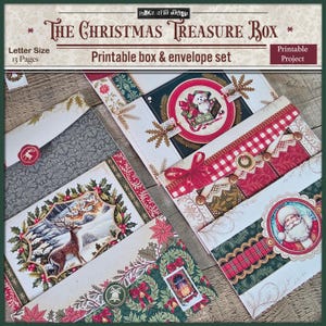 May include: A collection of Christmas-themed printable box and envelope sets. The designs feature festive illustrations of Santa Claus, reindeer, and holiday patterns. The text on the image reads "The Christmas Treasure Box" and "Printable box & envelope set".