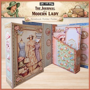 Modern Lady Vintage Fashion Notebook Holder Folder Kit – 1930s Shabby Chic Printable Ephemera Set for Junk Journaling Digital Download