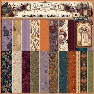 May include: A Halloween Hotel Room 13 decorative paper pack featuring various patterned sheets with illustrations of black cats, ghosts, pumpkins, keys, owls, and ornate floral motifs in a color palette of deep purple, orange, teal, and cream.