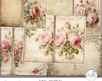 Junk Journal Kit Shabby Chic Roses, Neutral Lace Decoratieve Journaling Pagina's, Vintage Grungy, Collagebladen, Digitale Download Papers