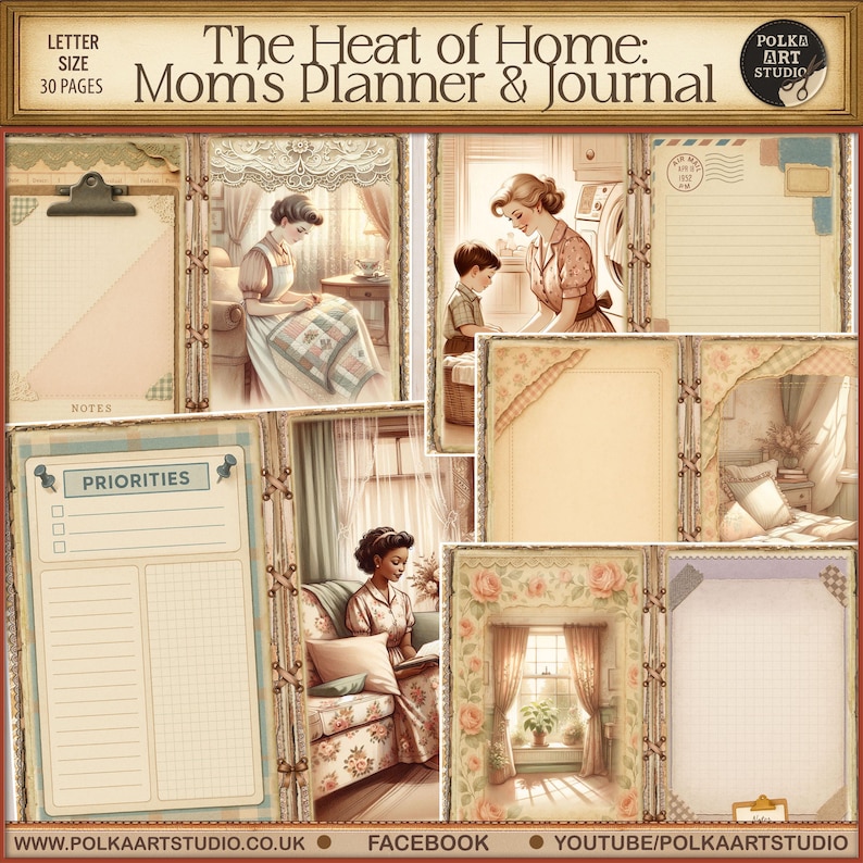 May include: A digital planner and journal titled "The Heart of Home: Mom's Planner & Journal." The design features vintage-style illustrations of domestic scenes, including women reading and children. The planner includes pages for notes and priorities.