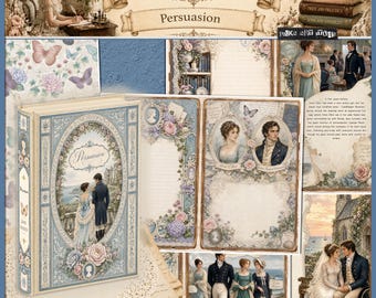 May include: A collage featuring elements from Jane Austen's "Persuasion." It includes a book cover, portraits, and scenes from the novel. The color palette is soft, with blues, creams, and floral accents. The title "The Austen Society" is displayed at the top.