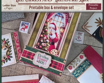 May include: A Christmas-themed printable box and envelope set. The box features an illustration of Santa Claus by a Christmas tree. The set includes envelopes and a box with the text "The Christmas Treasure Box". The set is letter size and has 13 pages.