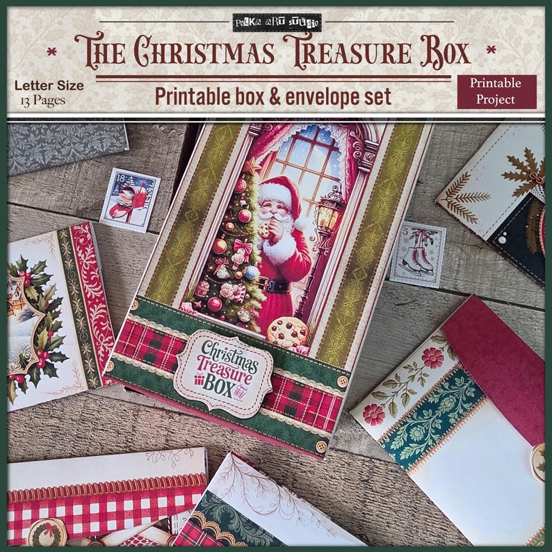 May include: A Christmas-themed printable box and envelope set. The box features an illustration of Santa Claus by a Christmas tree. The set includes envelopes and a box with the text "The Christmas Treasure Box". The set is letter size and has 13 pages.