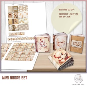Diário Digital Junk Bears Neutro Livros em Miniatura, ShabbyChic, Decorações Neutras Bebê, Vintage, Enfeites de Diário para Imprimir