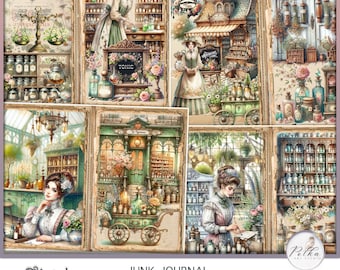 May include: A digital collage kit featuring vintage illustrations of a apothecary shop with bottles, jars, and plants. The kit includes images of a woman in a dress, a cart with bottles, and a storefront with a sign that reads "The Apothecary". The kit is labeled "Magical Apothecary Junk Journal Kit" and "US Letter Size".
