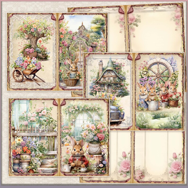 Spring Garden Bunnies Junk Journal Kit: Shabby Chic Ephemera (digital ...