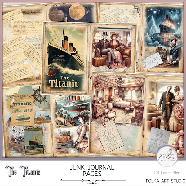 Kit digital de diario basura Titanic, paquete de papel vintage imprimible de diario marino, papeles de collage, diario digital, álbum de recortes