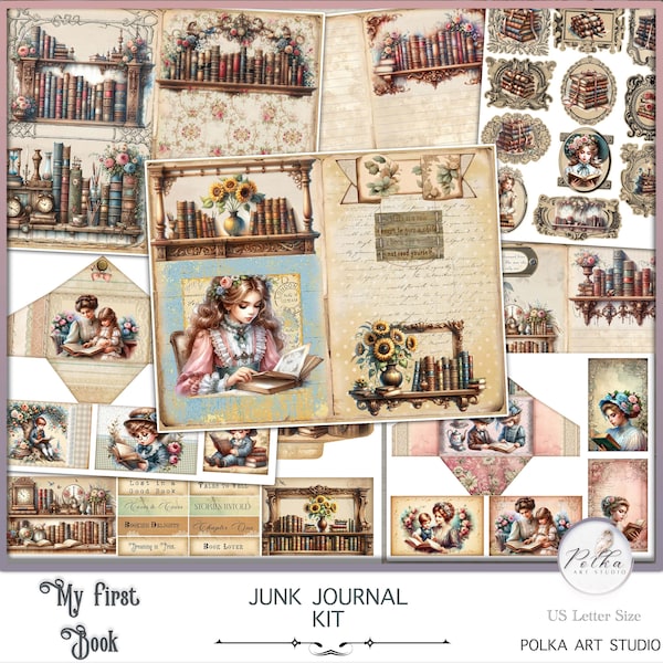 Digital Junk Journal Kit, Victorian Vintage Library, Journal Books Ephemera Vintage, Printable vintage graphics, Antique Library images