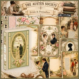 Op de afbeelding: Een collage met elementen uit Jane Austens "Pride & Prejudice". Het bevat een boek, portretten en bloemmotieven in zachte groen-, roze- en crèmetinten. De tekst "Pride & Prejudice" en "The Austen Society" is zichtbaar.