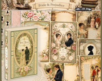 May include: A collage featuring elements from Jane Austen's "Pride & Prejudice." It includes a book, portraits, and floral designs in soft green, pink, and cream tones. The text "Pride & Prejudice" and "The Austen Society" are visible.