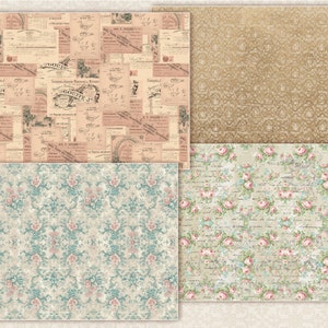 K&ouml;nnte beinhalten: Vier digitale Papiermuster im Vintage-Stil. Die Muster umfassen einen beigefarbenen Hintergrund mit einem sich wiederholenden Muster aus kleinen, hellbraunen Bl&uuml;ten, einen beigefarbenen Hintergrund mit einem sich wiederholenden Muster aus kleinen, hellbraunen Bl&uuml;ten und einer Schriftart, einen beigefarbenen Hintergrund mit einem sich wiederholenden Muster aus kleinen, hellblauen Bl&uuml;ten und einer Schriftart sowie einen beigefarbenen Hintergrund mit einem sich wiederholenden Muster aus kleinen, hellbraunen Bl&uuml;ten und einer Schriftart.
