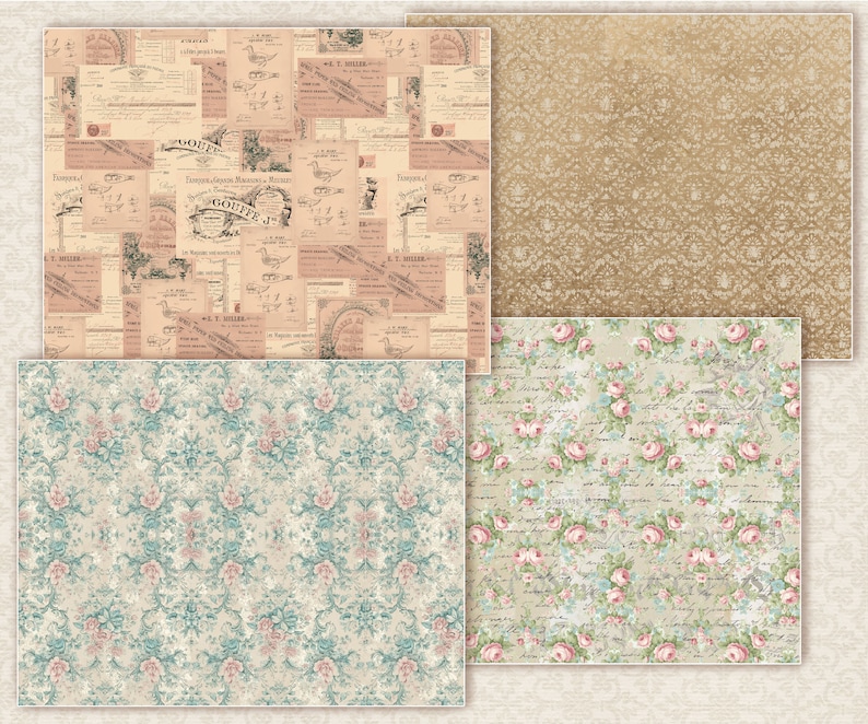 K&ouml;nnte beinhalten: Vier digitale Papiermuster im Vintage-Stil. Die Muster umfassen einen beigefarbenen Hintergrund mit einem sich wiederholenden Muster aus kleinen, hellbraunen Bl&uuml;ten, einen beigefarbenen Hintergrund mit einem sich wiederholenden Muster aus kleinen, hellbraunen Bl&uuml;ten und einer Schriftart, einen beigefarbenen Hintergrund mit einem sich wiederholenden Muster aus kleinen, hellblauen Bl&uuml;ten und einer Schriftart sowie einen beigefarbenen Hintergrund mit einem sich wiederholenden Muster aus kleinen, hellbraunen Bl&uuml;ten und einer Schriftart.