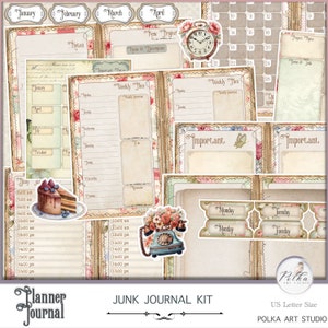 Kit de diario basura con planificador digital, planificador de manualidades en tonos pastel, páginas de diario neutrales, descarga imprimible, páginas vintage shabby chic, material efímero
