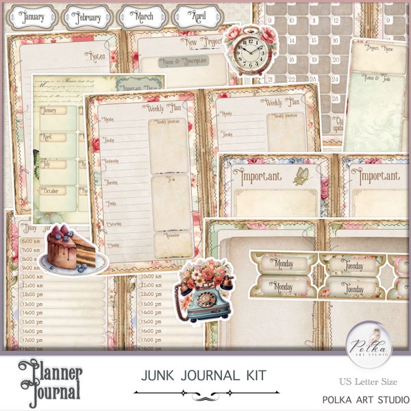Digital Planner Junk Journal Kit Pastel Crafting Planner, Neutral Journaling Pages, Printable  Download,Vintage Shabby Chic Pages, Ephemera