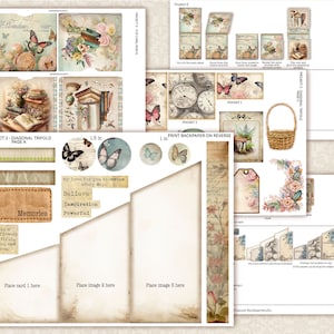 K&ouml;nnte beinhalten: Ein druckbares digitales Papierpaket mit einem Vintage-Blumenmotiv. Das Paket enth&auml;lt Bilder von Schmetterlingen, Blumen, B&uuml;chern, Uhren und einem Korb. Das Papier ist f&uuml;r die Verwendung im Scrapbooking, Kartenbasteln und anderen Papierarbeiten gedacht. Das Paket enth&auml;lt Anweisungen zum Erstellen eines diagonalen Trifold-Projekts.