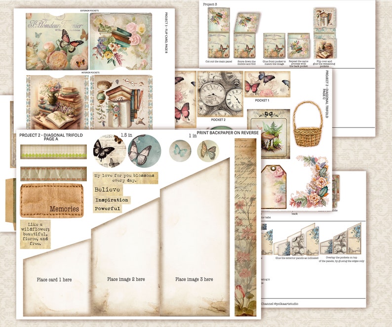 K&ouml;nnte beinhalten: Ein druckbares digitales Papierpaket mit einem Vintage-Blumenmotiv. Das Paket enth&auml;lt Bilder von Schmetterlingen, Blumen, B&uuml;chern, Uhren und einem Korb. Das Papier ist f&uuml;r die Verwendung im Scrapbooking, Kartenbasteln und anderen Papierarbeiten gedacht. Das Paket enth&auml;lt Anweisungen zum Erstellen eines diagonalen Trifold-Projekts.