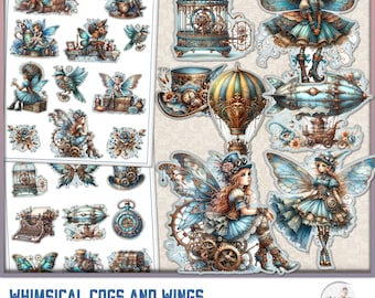 May include: Whimsical Cogs and Wings fussy cuts kit for crafting.  The kit includes a variety of images featuring fairies, gears, and other whimsical elements.  The images are printed on high-quality cardstock and are perfect for scrapbooking, card making, and other paper crafts.