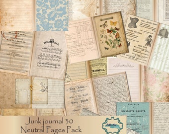 Junk Journal Paquete decorativo en blanco de 30 páginas dobles / Papeles de color Vintage neutros / Descarga instantánea