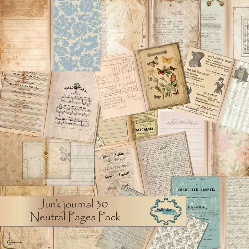 Junk Journal Blank decorative 30 double pages Pack / Neutral Vintage color papers / Instant download image 1