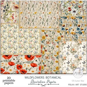 Junk Journal Botanische Digitale Wilde Bloemen Pagina's, Grunge Vintage decoratief, Paper Pack Portret, landschapspapieren Instant download, Vintage