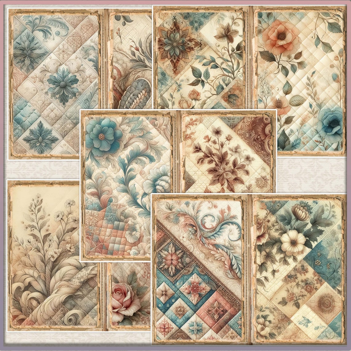 Quilted Junk Journal Kit: Shabby Chic Floral Papers (digital Download ...