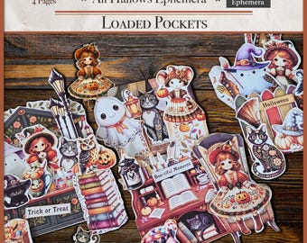 May include: A collection of Halloween-themed paper ephemera with illustrations of cats, ghosts, and dolls. The words "All Hallows Ephemera" and "Loaded Pockets" are visible. The color palette includes orange, brown, and black.