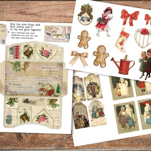 May include: A printable sheet of Christmas-themed paper crafts, including a gingerbread man, a stocking, a snowman, a watering can, and a Christmas card. The sheet also includes instructions for folding and gluing the paper crafts together.