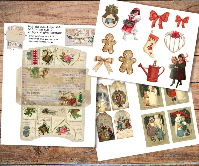May include: A printable sheet of Christmas-themed paper crafts, including a gingerbread man, a stocking, a snowman, a watering can, and a Christmas card. The sheet also includes instructions for folding and gluing the paper crafts together.