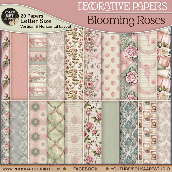 Shabby Chic Journal Paper: Blooming Roses, Decorative Paper Pack (Digital Download)