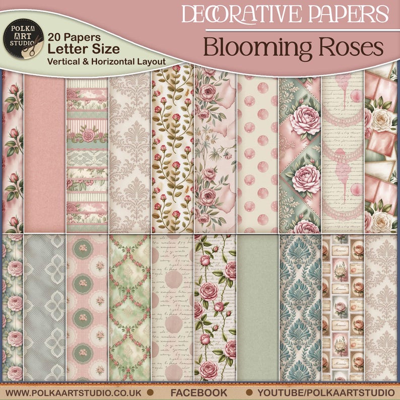 May include: Decorative paper set featuring a variety of floral and patterned designs. The papers include blooming roses, polka dots, and damask patterns in shades of pink, green, and beige. The set includes 20 letter-size papers with vertical and horizontal layouts.